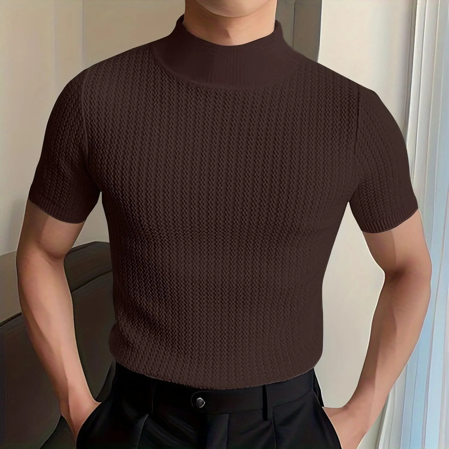 Men Mock Turtleneck Tshirt Ribbed High Collar Short Sleeve Pullover Tops Spring Summer Basic Fitted Muscle Undershirt
