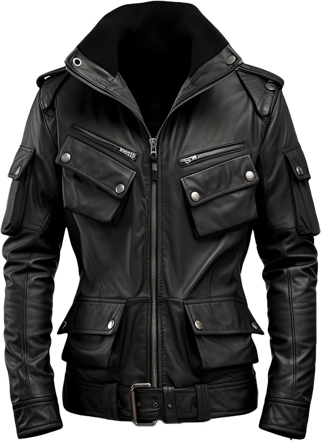 Men's Black Military Style Genuine Lambskin Slim-Fit High Neck Casual Zip-Up Lighweight Belted Leather Jacket