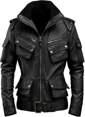 Men's Black Military Style Genuine Lambskin Slim-Fit High Neck Casual Zip-Up Lighweight Belted Leather Jacket