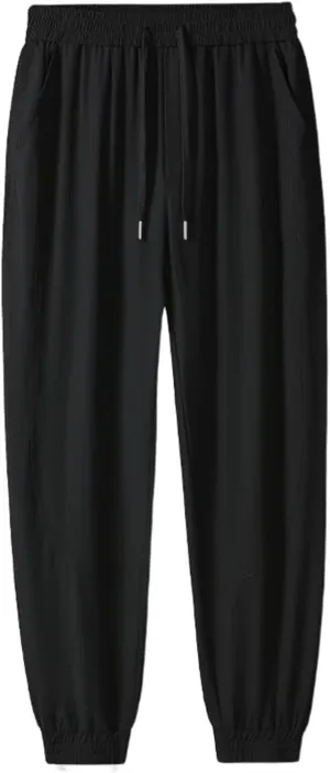 Men's Pant Ice Silk Casual Summer Sports Breathable Cropped Stretchy Drawstring Air-Conditioned Trouser for Men