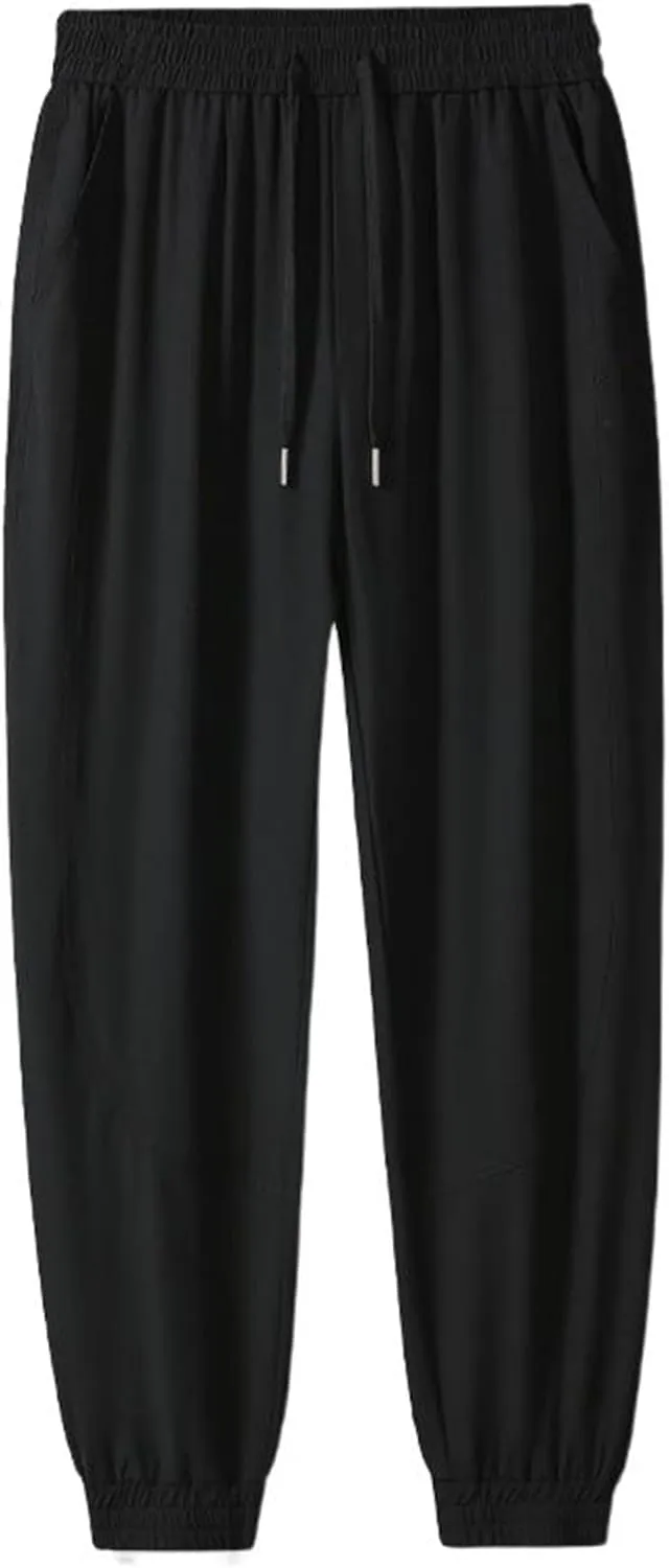 Men's Pant Ice Silk Casual Summer Sports Breathable Cropped Stretchy Drawstring Air-Conditioned Trouser for Men