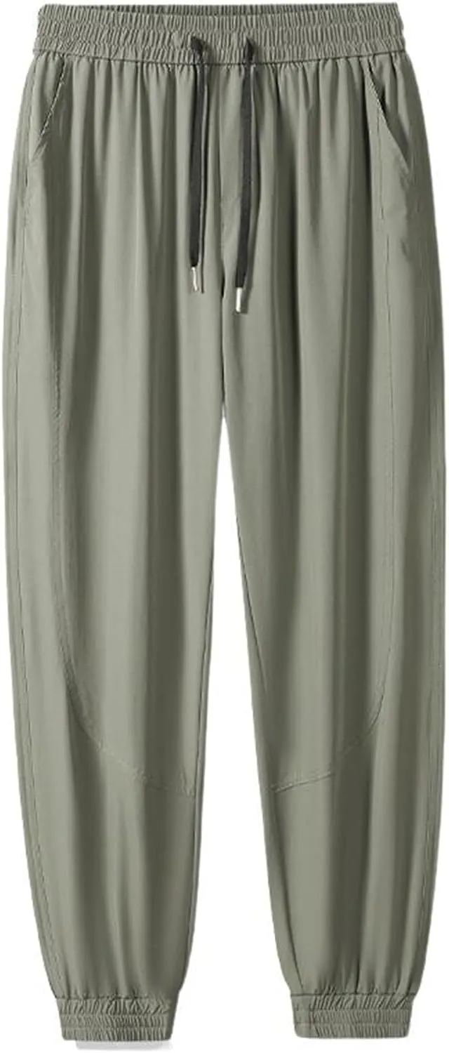 Men's Pant Ice Silk Casual Summer Sports Breathable Cropped Stretchy Drawstring Air-Conditioned Trouser for Men