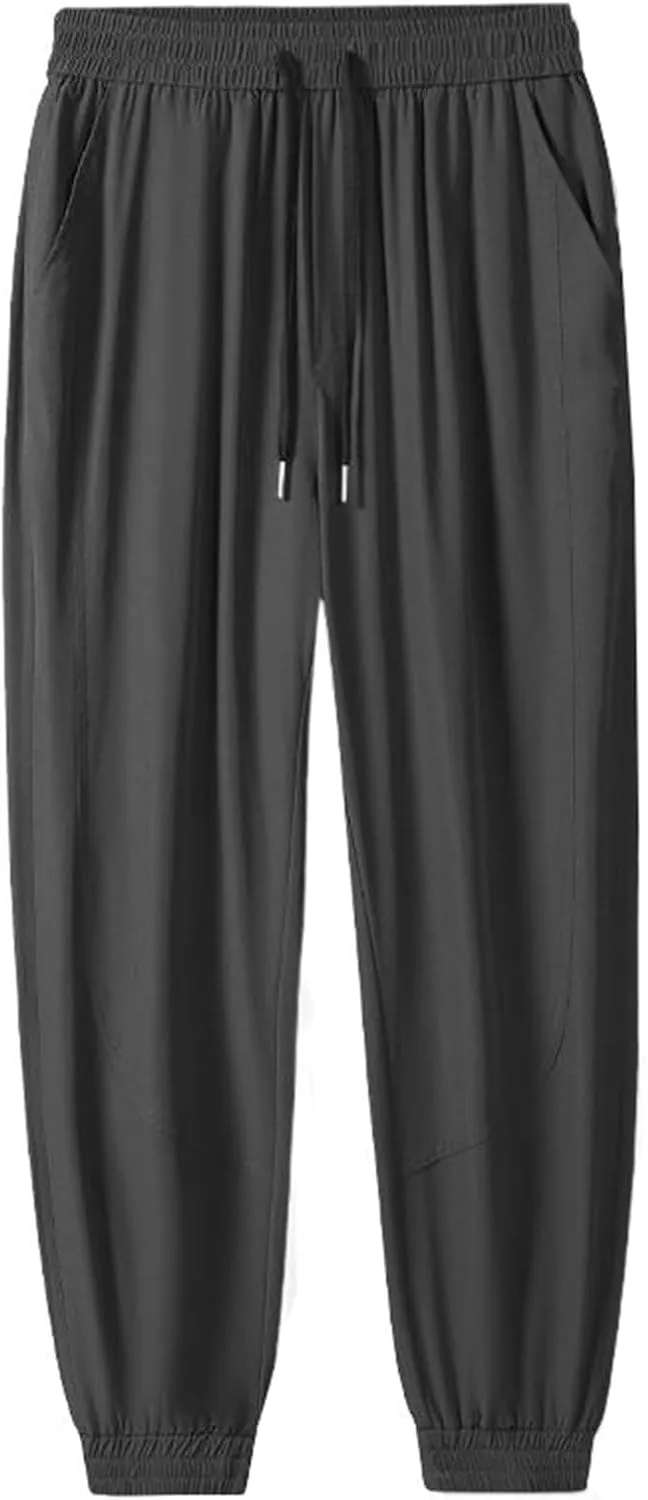 Men's Pant Ice Silk Casual Summer Sports Breathable Cropped Stretchy Drawstring Air-Conditioned Trouser for Men