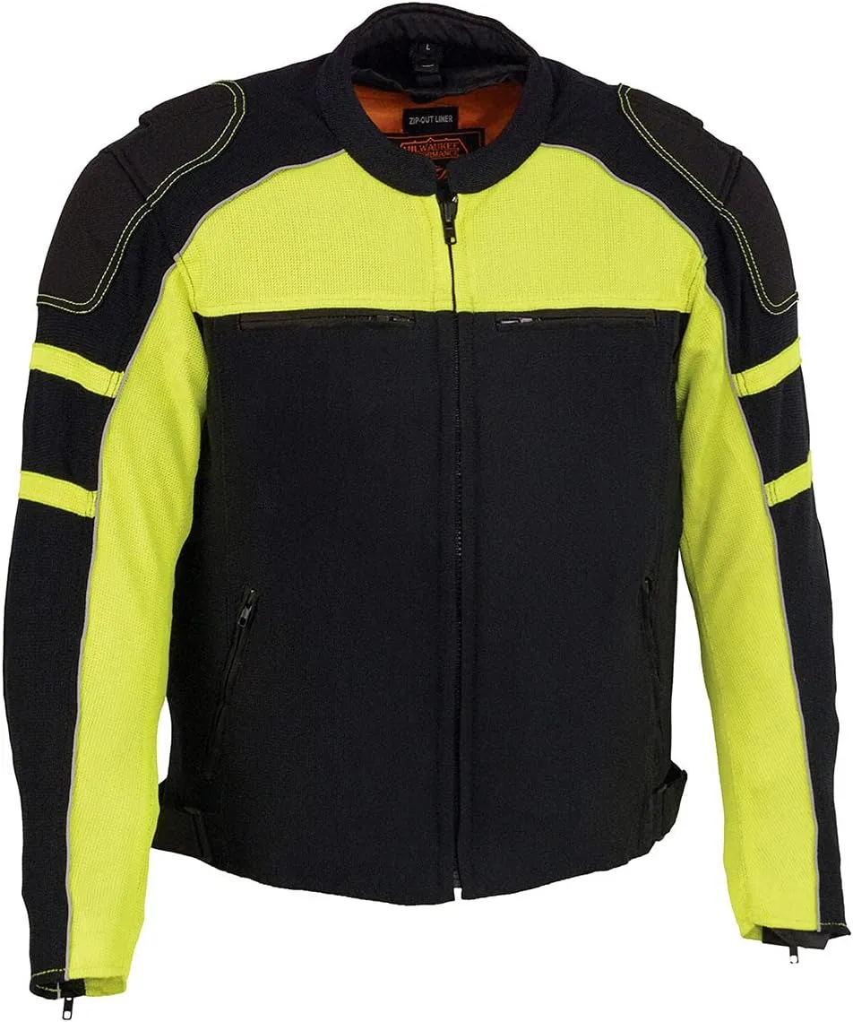 Milwaukee Leather MPM1791 Men's Black and Neon Green Armored Textile Motorcycle Riding Jacket