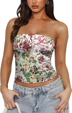 OFEEFAN Tube Tops for Women Floral Printed Summer Beach Vacation Outfits 2025 Ttrendy Fashion