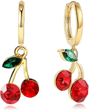 ONLYJUMP Personalized Red Crystal Cherry Fruit Earring Pendant Necklace for Women Creative Cute Summer Tropical Fruit Basket Choker Sweet Shining Green Leaf Ruby Red Cherry Stud Earrings