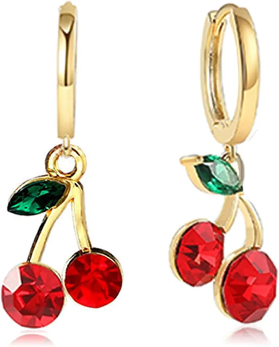ONLYJUMP Personalized Red Crystal Cherry Fruit Earring Pendant Necklace for Women Creative Cute Summer Tropical Fruit Basket Choker Sweet Shining Green Leaf Ruby Red Cherry Stud Earrings