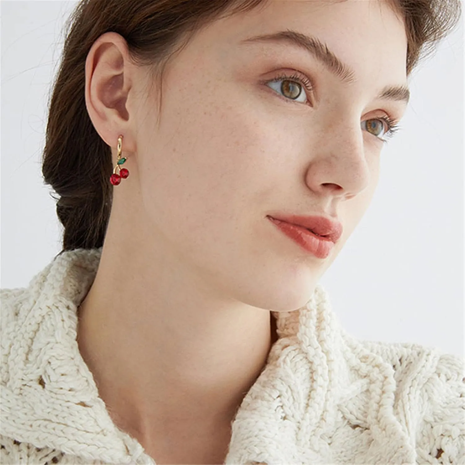 ONLYJUMP Personalized Red Crystal Cherry Fruit Earring Pendant Necklace for Women Creative Cute Summer Tropical Fruit Basket Choker Sweet Shining Green Leaf Ruby Red Cherry Stud Earrings