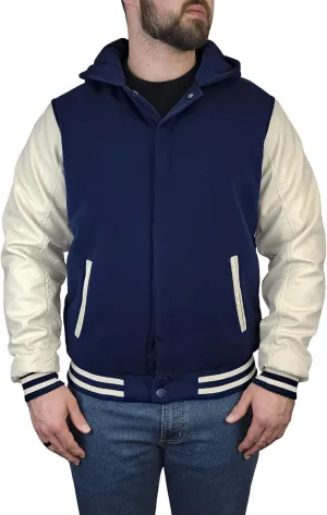 Outfitters Men's Varsity Hooded Reversible Fleece Jacket with Faux Leather Sleeve