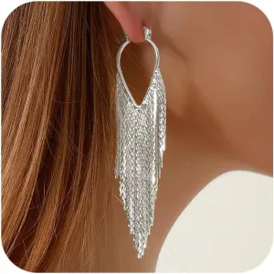 Ritach Silver Tassel Earrings Dangling for Women Long Gold Formal Fringe Dangle Earrings Statement Chain Chandelier Trendy Jewelry for Party Prom