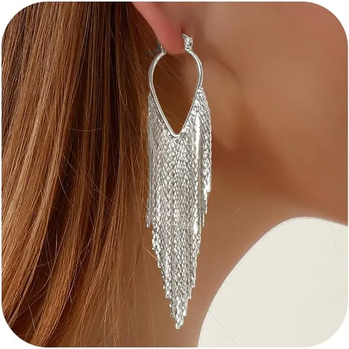 Ritach Silver Tassel Earrings Dangling for Women Long Gold Formal Fringe Dangle Earrings Statement Chain Chandelier Trendy Jewelry for Party Prom