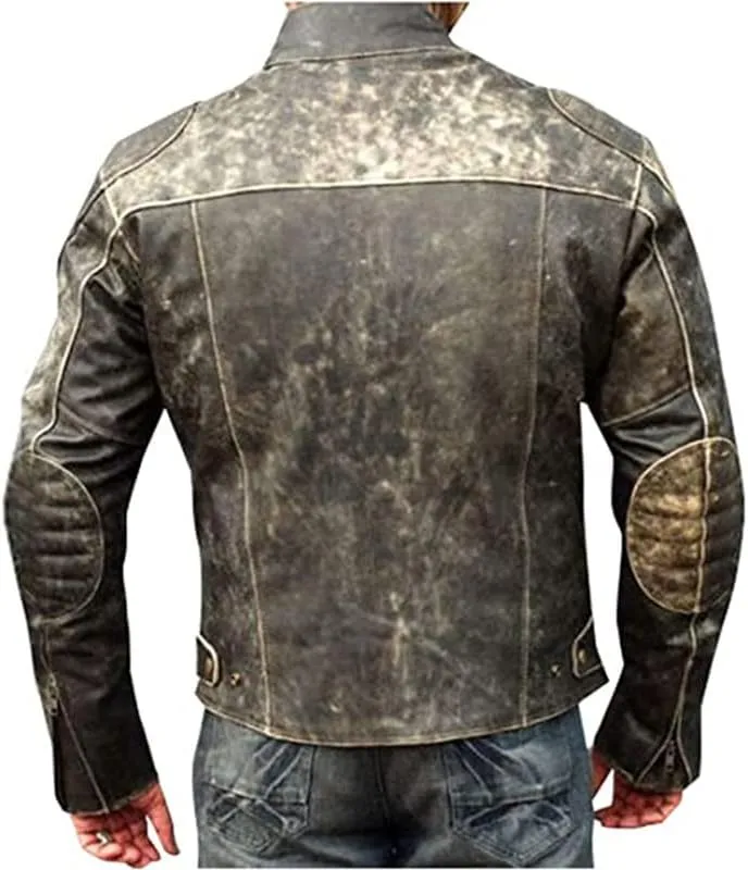 SpazeUp Mens Retro Black Distressed Leather Biker Jacket | Vintage Motorcycle Leather Jackets for Men