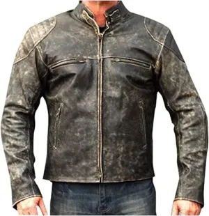 SpazeUp Mens Retro Black Distressed Leather Biker Jacket | Vintage Motorcycle Leather Jackets for Men