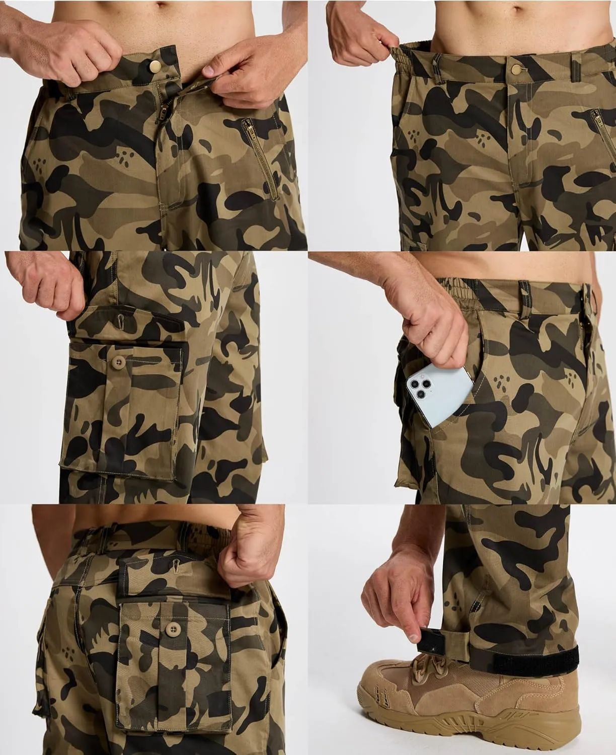 Susclude Camo Pants for Men Stretch Tactical Cargo Pants Elastic Rip Stop Military Army Work Pants with 7 Pockets