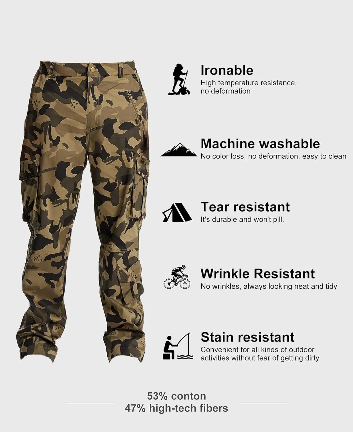 Susclude Camo Pants for Men Stretch Tactical Cargo Pants Elastic Rip Stop Military Army Work Pants with 7 Pockets