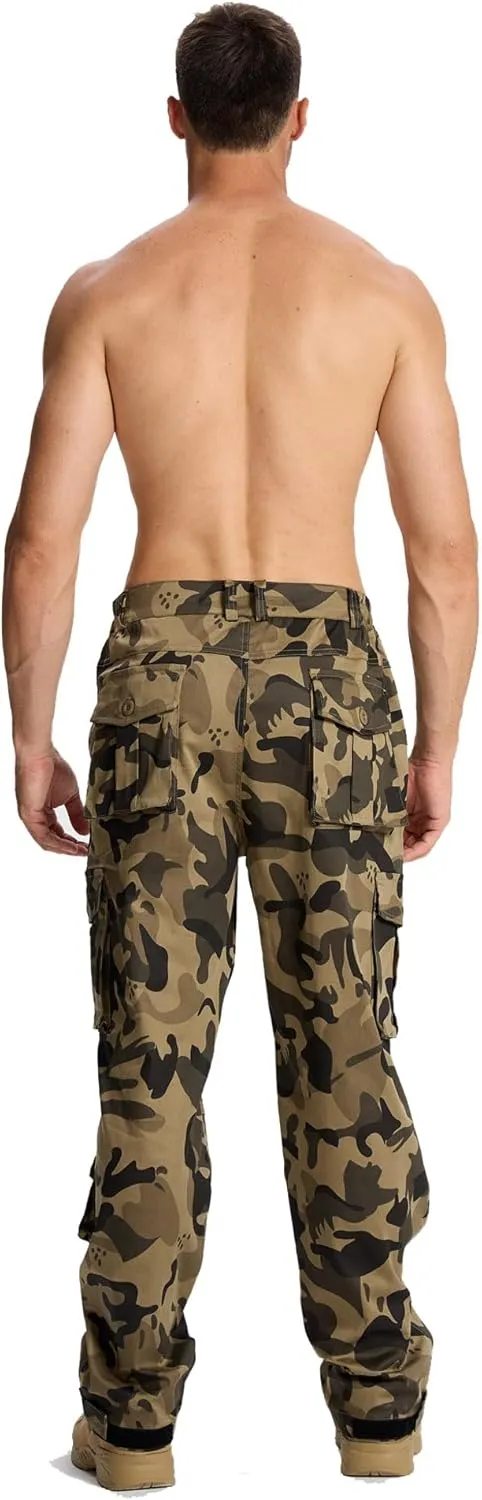 Susclude Camo Pants for Men Stretch Tactical Cargo Pants Elastic Rip Stop Military Army Work Pants with 7 Pockets