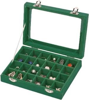 Velvet Glass Jewelry Ring Display Organiser Box Tray Holder Earrings Storage Case (Green)