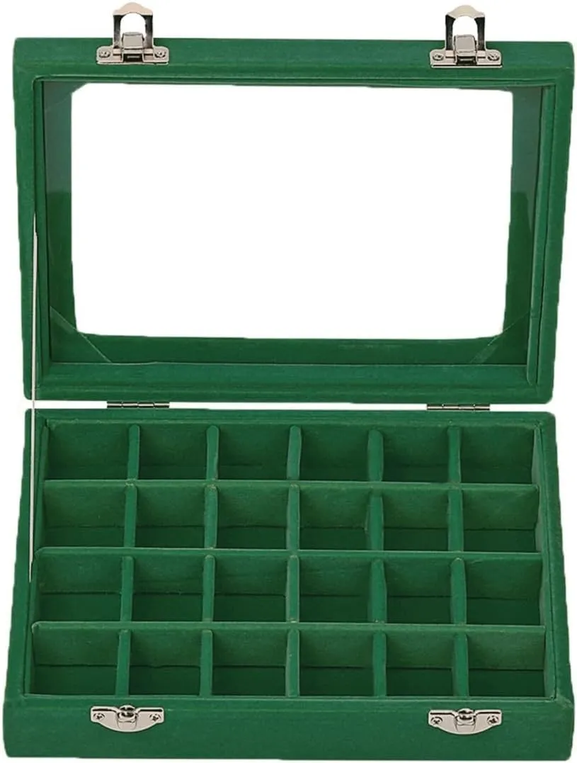 Velvet Glass Jewelry Ring Display Organiser Box Tray Holder Earrings Storage Case (Green)