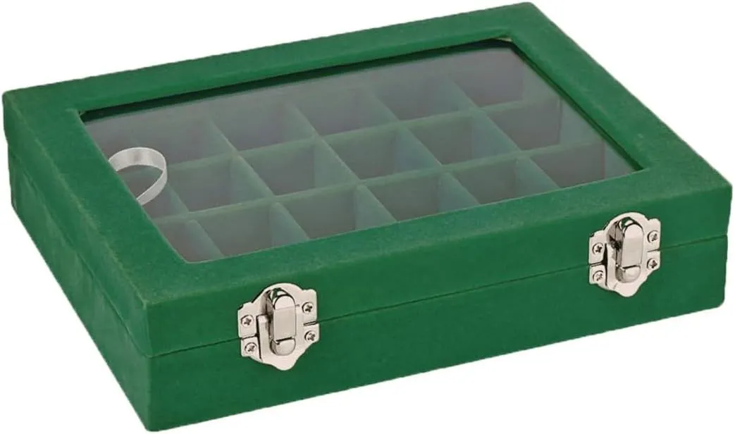 Velvet Glass Jewelry Ring Display Organiser Box Tray Holder Earrings Storage Case (Green)