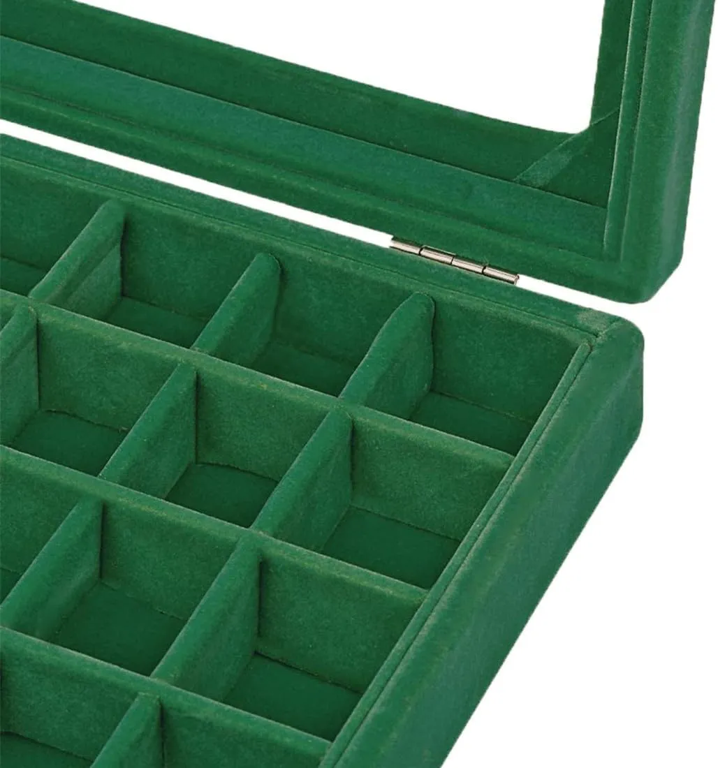 Velvet Glass Jewelry Ring Display Organiser Box Tray Holder Earrings Storage Case (Green)