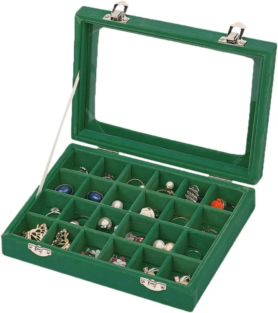Velvet Glass Jewelry Ring Display Organiser Box Tray Holder Earrings Storage Case (Green)