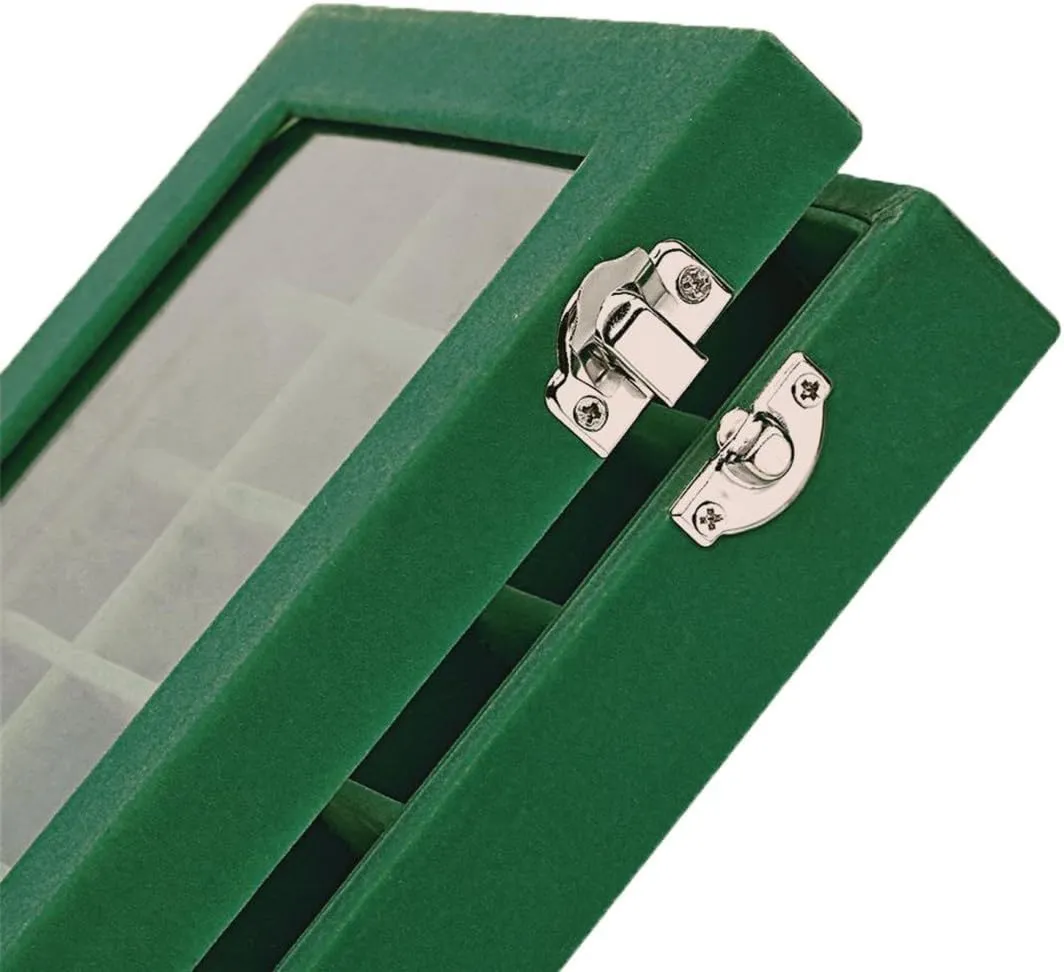 Velvet Glass Jewelry Ring Display Organiser Box Tray Holder Earrings Storage Case (Green)