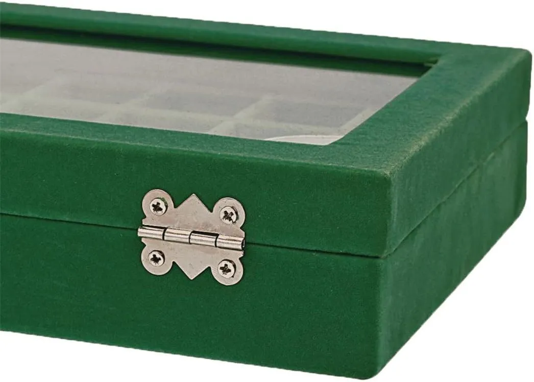Velvet Glass Jewelry Ring Display Organiser Box Tray Holder Earrings Storage Case (Green)