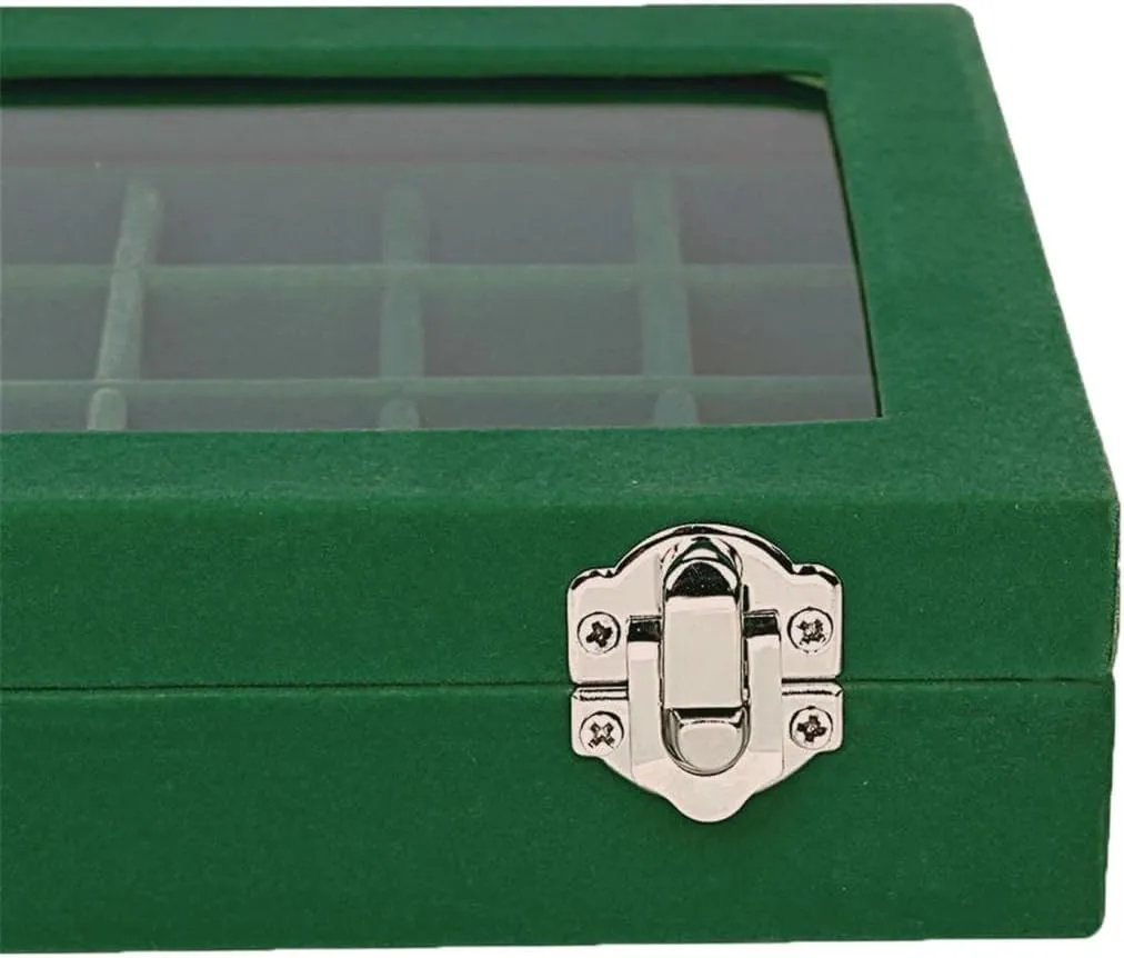 Velvet Glass Jewelry Ring Display Organiser Box Tray Holder Earrings Storage Case (Green)