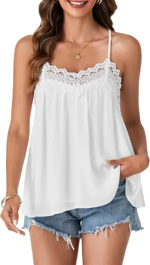 Vrtige Women's Summer Spaghetti Strap Sleeveless Lace Trim Loose Casual Flowy Cami Tank Top