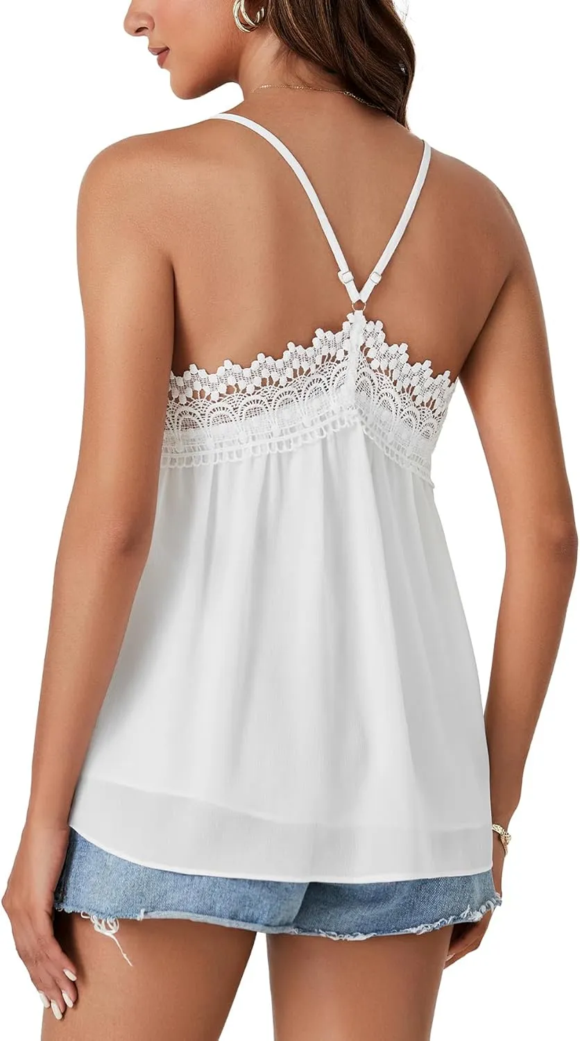 Vrtige Women's Summer Spaghetti Strap Sleeveless Lace Trim Loose Casual Flowy Cami Tank Top