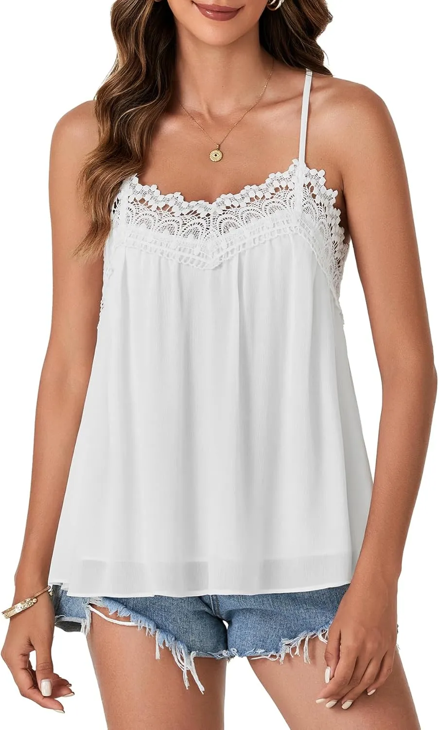 Vrtige Women's Summer Spaghetti Strap Sleeveless Lace Trim Loose Casual Flowy Cami Tank Top
