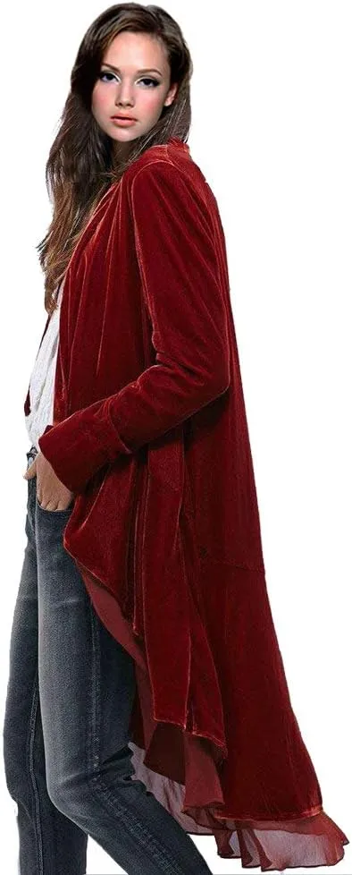 Women Ruffled Asymmetric Long Velvet Blazers Coat Casual Jackets