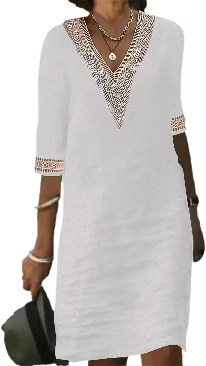 Womens Cotton Linen Midi Dress Casual Loose Half Sleeve Knee Length Dress Solid A-line Lace Trim Summer Beach Dresses