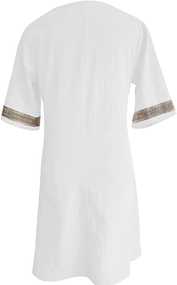 Womens Cotton Linen Midi Dress Casual Loose Half Sleeve Knee Length Dress Solid A-line Lace Trim Summer Beach Dresses