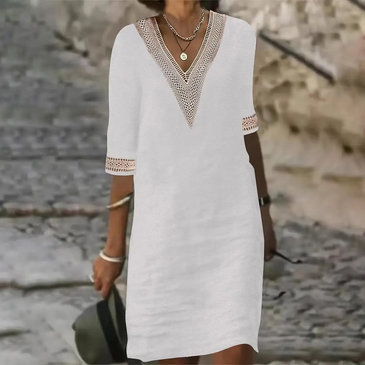 Womens Cotton Linen Midi Dress Casual Loose Half Sleeve Knee Length Dress Solid A-line Lace Trim Summer Beach Dresses