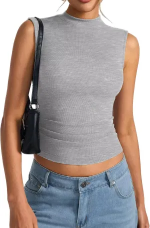 Womens Cotton Ribbed Tank Tops Sleeveless Mock High Neck Top Fitted Basic Summer Cami Shirts Y2K Outfits 2025